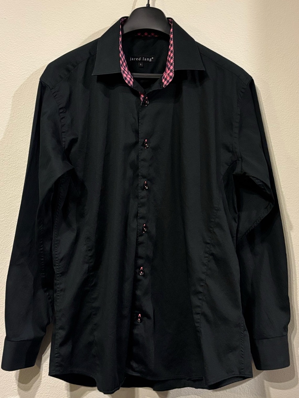 Jared Lang Black Dress Shirt with Pink Check Trim